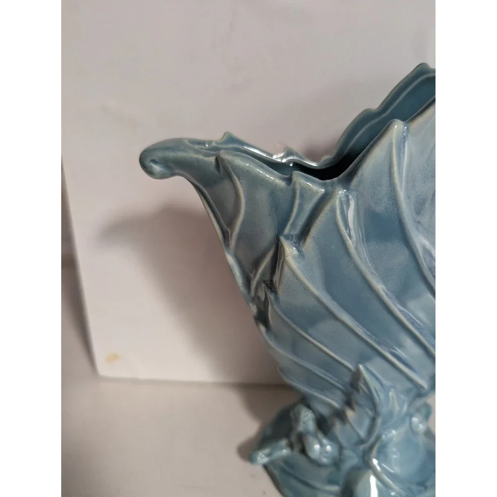 Vintage Hull Art Pottery Cornucopia Vase Blue Leaf Ribbed Glaze MCM